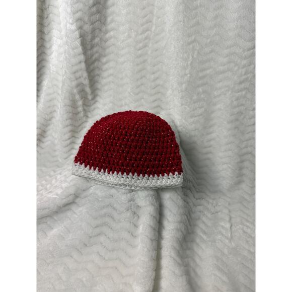 Crochet Beanie newborn - 6 months, red, white, and ribbon accented hat. Handmade - Picture 4 of 7